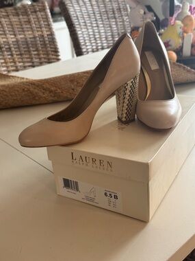 Lauren Ralph Lauren Beige Leather Pumps with Woven Block Heel